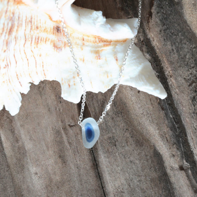 Halskette Ocean Drop, Seeglas / Meerglas, zweifarbig, 925 Sterling Silber, blau, weiß