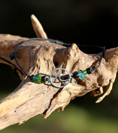Fußbändchen mit Strandscherben / Seeglas und Welle aus Edelstahl, silber