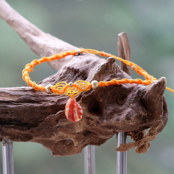 Makramee - Fußbändchen mit Wellen und Muschel in Orange