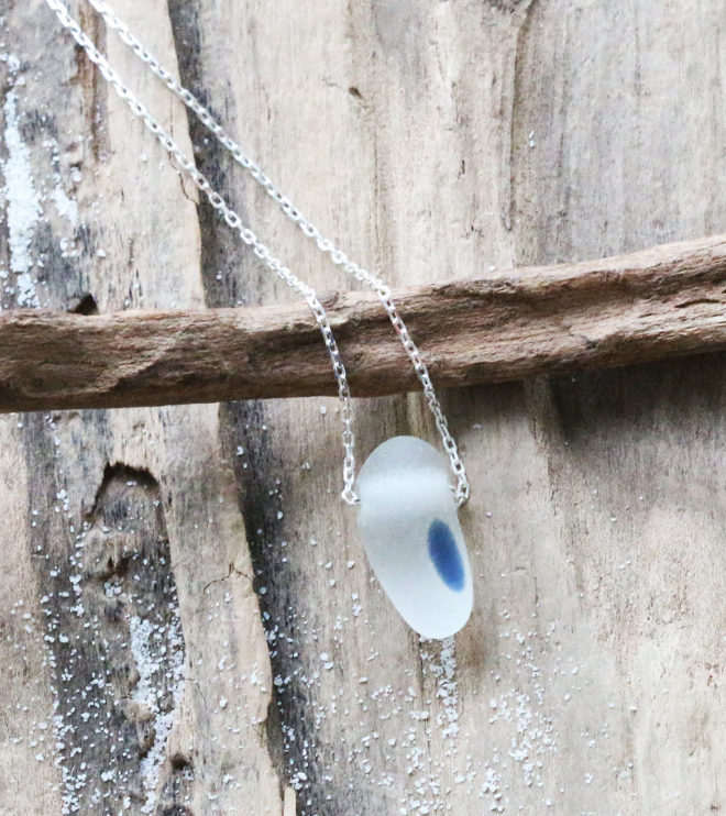 Halskette Seaham Seeglas 925 Sterling Silber, Blau, Weiß