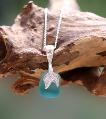 Halskette Meerjungfrau, Seeglas / Meerglas in Türkis, 925 Sterling Silber