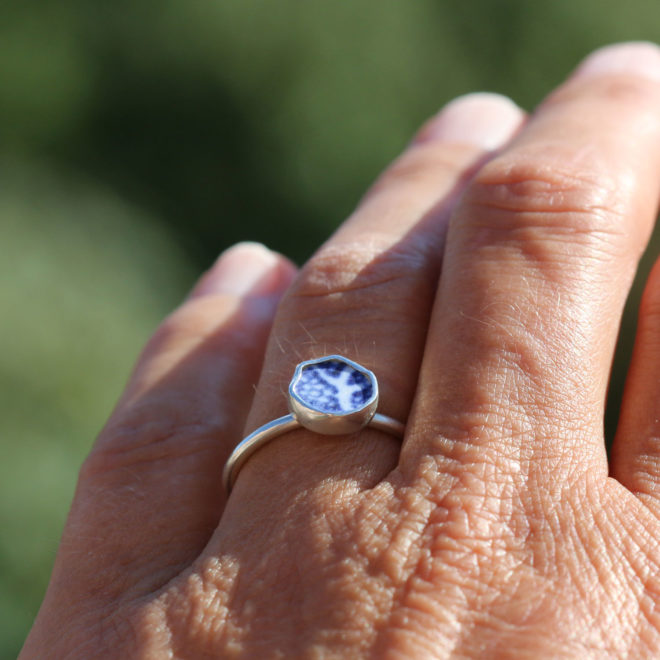 Ring Wurzeln zum Wachsen, 925 Sterling Silber mit Strandgut / Keramik, Meerkeramik