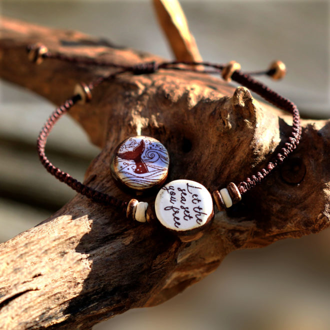 Armband Let the sea set you free - Keramik - Wendeperle mit Kokosnuss, Makramee