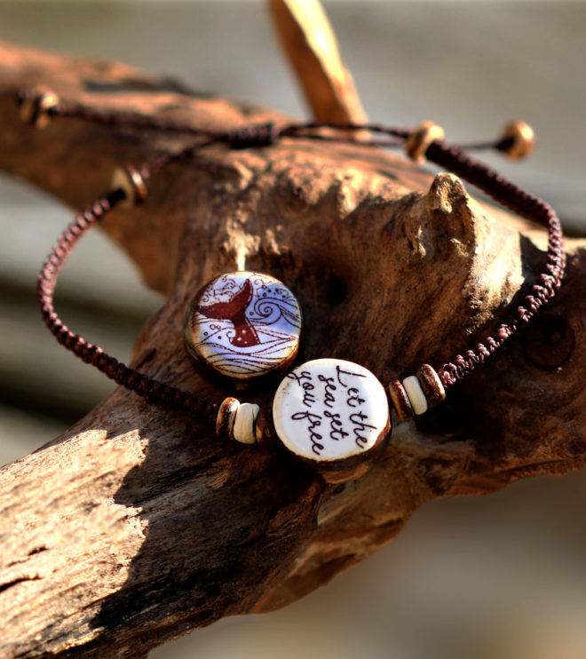 Armband Let the sea set you free - Keramik - Wendeperle mit Kokosnuss, Makramee