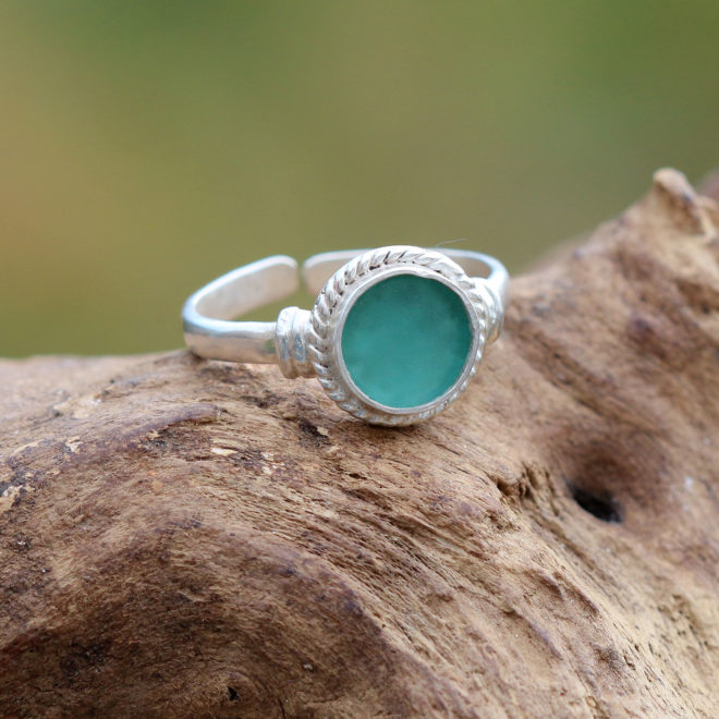 Ring Südsee - 925 Sterling Silber mit Strandscherbe, handgemacht, Seeglas / Strandglas