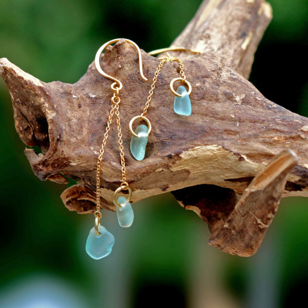 Ohrringe Meersesbrandung, Karen Hill Tribe Feinsilber, Gold, mit Seeglas / Meerglas / Strandglas