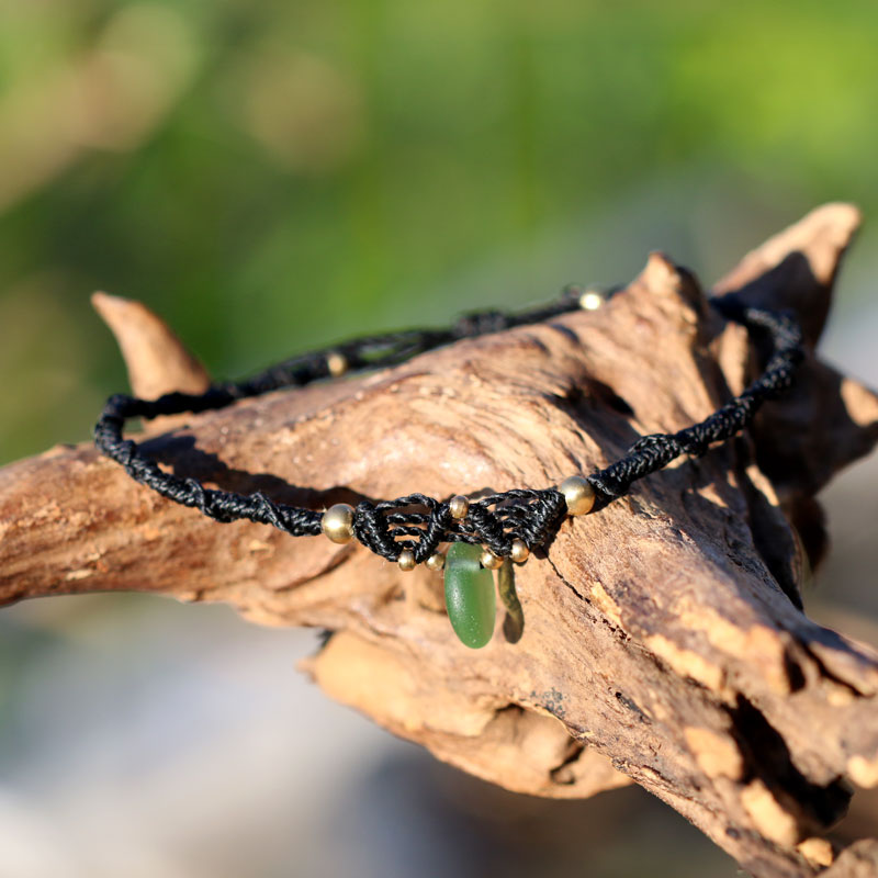 Makramee-Fußbaendchen Black Sea, Wellen, mit Seeglas / Strandglas