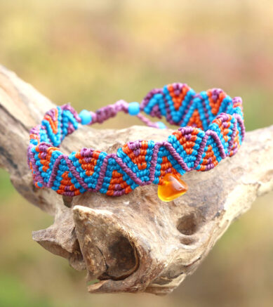 Makramee - Ethno - Armband Feuer und Wasser mit Seeglas / Meerglas in Orange / Türkis. Peruanisches Armband