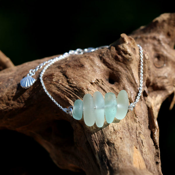Armband Meeresbrandung, 925 Sterling Silber mit Seeglas / Meerglas / Strandglas und Verlängerungskette mit Muschel