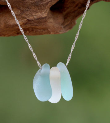Kette Meeresbrandung, Singapur Twister aus 925 Sterling Silber mit Perlen aus echtem Meerglas / Seeglas / Strandglas