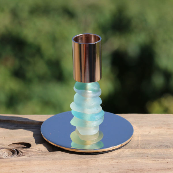Kerzenständer Leuchtturm mit Strandscherben (Seeglas, Meerglas, Strandglas)