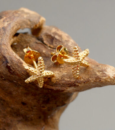 Kleine Ohrringe Seesterne mit Stecker aus 925 Sterling Silber, 24 k vergoldet. Vermeil-Stil mit dicker Goldschicht.